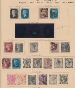 England. 1840-1865. Gammel albumside med bl.a. pæn One Penny black og 2 d. blå fra 1840 m.m.