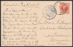 1908. 10 Bit rød, Fr. VIII. Single på postkort fra Frederiksted 28.11.10 til Danmark.