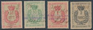 STEMPELMÆRKER. 1908-14. 10 bit, 50 bit, 1 Fr. og 2 Fr. 4 brugte stempelmærker.