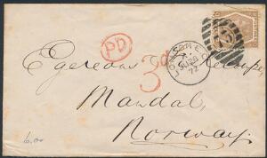 England. 1872. Victoria, 6 d. brun. Plade 11. Single på brev til MANDAL, NORGE