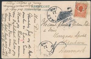1905. Chr.IX, 10 Bit, rød på brevkort fra Christiansted, via St. Thomas til Danmark. Stemplet C og annulleret med stumt stempel