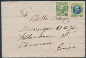 1907. Fr.VIII, 5 Bit, grøn og 20 Bit, grønblå på lille brev fra ST. THOMAS 26.3.1914 til København