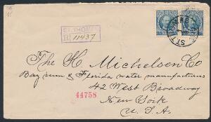 1907. Fr.VIII, 25 Bit, blå. Parstykke på flot REC-brev fra ST. THOMAS 1.9.1913 til New York