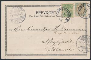 1902. 3 øre, gråblå og Våben, 5 øre, grøn på brevkort fra København til Island. Ankomststempel REYKJAVIK 14.12.05