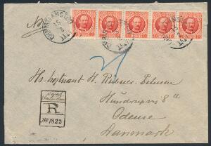 1907. Fr.VIII. 10 Bit, rød. Vandret 5-STRIBE på anbefalet brev til Danmark med HÅNDTEGNET R STEMPEL. Stemplet i CHRISTIANSTED 15.2.1911. Sjælden forsendelse.