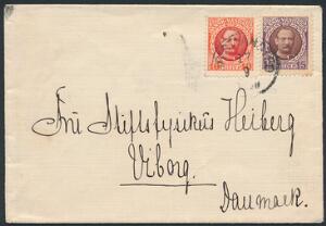 1907. Fr.VIII, 10 Bit, rød og 15 Bit, lillabrun på lille brev fra CHRISTIANSTED 17.9.1910 til Viborg