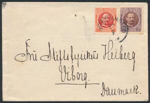 1907. Fr.VIII, 10 Bit, rød og 15 Bit, lillabrun på lille brev fra CHRISTIANSTED 17.9.1910 til Viborg