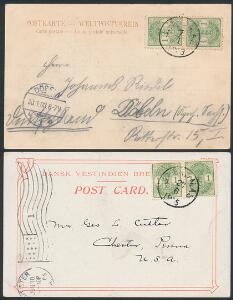 1900. Våben, 1 cent, grøn. 2 postkort med parstykker sendt til USA og Tyskland
