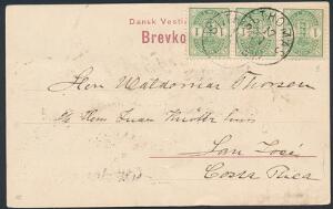 1900. Våben, 1 cent, grøn. 3-stribe på brevkort fra St. Thomas 17.1.01 til Costa Rica. Lodret fold i kortet