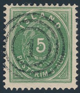1896. 5 aur, grøn. DANSK NUMMERSTEMPEL 1