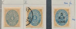 1873-1905. 4 cents. Ovalfejl Afskåret 4-tal. 3 eksemplarer incl. 2 gode omvendte rammer