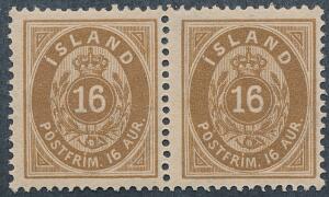1876. 16 aur, brun, tk.14. Postfriskt parstykke. Facit 6600