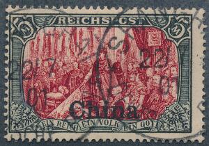 Tysk Post i Kina. 1901. 5 mk. sortrød. Stemplet. Michel EURO 400
