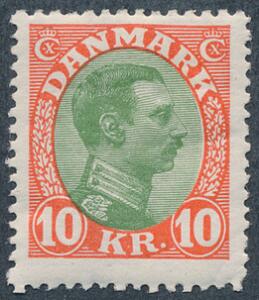 1927. Chr. X, 10 kr. rødgrøn. Ubrugt eksemplar