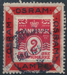 1905. Bølgelinie. 2 øre, rød. Stemplet mærke på OSRAM LAMPE Reklamemærke. Sjælden.