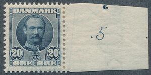 1907. Fr. VIII, 20 øre blå. Postfriskt enkeltmærke med lille oplagsnummer 5. Sjældent