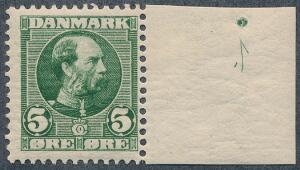 1905. Chr. IX, 5 øre. Postfriskt enkeltmærke med lille oplagsnummer 1 spejlvendt. Sjældent