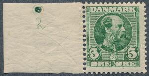 1905. Chr. IX, 5 øre. Postfriskt enkeltmærke med lille oplagsnummer 2. Sjældent