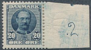 1907. Fr. VIII, 20 øre blå. Postfriskt enkeltmærke med lille oplagsnummer 2. Sjældent
