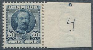 1907. Fr. VIII, 20 øre blå. Postfriskt enkeltmærke med lille oplagsnummer 4. Sjældent