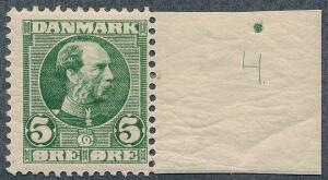 1905. Chr. IX, 5 øre. Postfriskt enkeltmærke med lille oplagsnummer 4. Sjældent