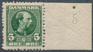 1905. Chr. IX, 5 øre. Postfriskt enkeltmærke med lille oplagsnummer 5. Sjældent
