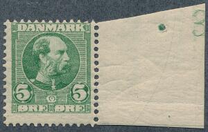 1905. Chr. IX, 5 øre. Postfriskt enkeltmærke med lille oplagsnummer 3. Sjældent