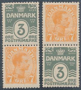 1919. Chr.X og Bølgelinie, 73 øre, orange og PERLEGRÅ. 2 parstykker i forskellige kombinationer. Begge perfekt postfrisk. AFA 5000