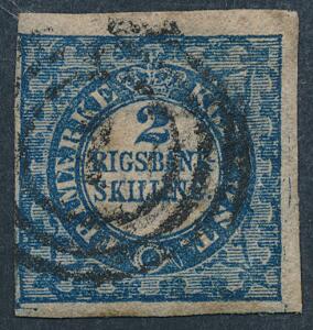 1852. 2 RBS Thiele. Fuldrandet mærke annulleret med nr.stpl. 1.