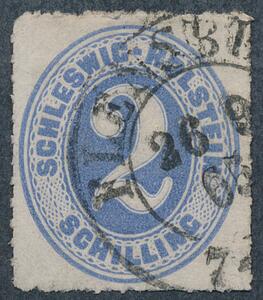 Schleswig Holstein. 1865. 2 sch. blå. Stemplet FLENSBURG 26.9.65. Sign. jakubec. Michel EURO 280