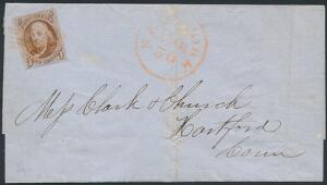 USA. 1847. Benjamin Franklin. 5 c. rødbrun. Single på brev med røde stempler og sidestempel NEW YORK APR 30.