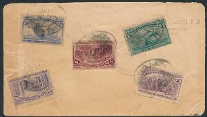 USA. 1892. Columbus. 5 forskellige værdier på bagsiden af anbefalet brev, sendt fra San Francisco til HAWAII DEC 22 1893.