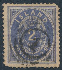 1873. 2 skiling, blå. Sjældent, ægte stemplet mærker, annulleret med DANSK NR.STEMPEL 1. Mærket med defekter. Facit 19000 for fejlfrit eksemplar