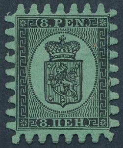 1866. 8 Penni, sortgrøn. Smukt ubrugt mærke, uden gummi.