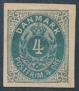 1875. 4 øre, gråblå. Utakket. Attest Grønlund