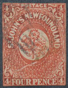 Canada. New Foundland. 1857. 4 d. rød-orange. Stemplet eksemplar af et sjældent mærk. Lukket rift samt let oxyderet. SG £ 3000. Attest APS