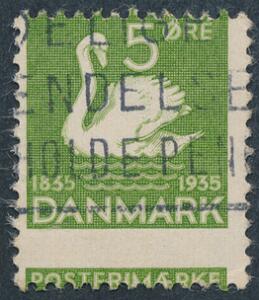 1935. H. C. Andersen 5 øre, grøn. Fejlperforeret. Stemplet. Udtalelse Nielsen