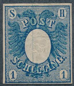 Schleswig Holstein. 1864. Ørn, 1 s. blå. Smukt ubrugt eksemplar med original gummi. Michel EURO 400. Attest Nielsen