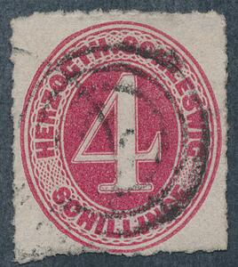 Schleswig Holstein. 1864. 4 s. rød. Annulleret med dansk nummerstempel. Michel EURO 600. Attest Nielsen