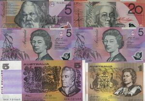 Australien, lille lot forskellige, overvejende ucirkulerede sedler 1985 - 2001, i alt 6 stk.