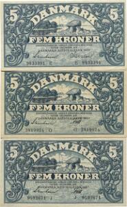 5 kr 1939 E, 1940 G, 1943 J, Sieg 102, DOP 123, Pick 30, 3 stk. med forskellige underskrifter