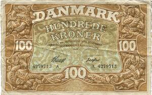 100 kr 1928 A, Nr. 4279713, V. Lange  Jessen, Sieg 109, DOP 116, Pick 23
