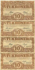 10 kr 1930 A, 1933 D, 1934 E, 1936 I, Sieg 104, i alt 4 stk.