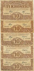 10 kr 1932 B, 1933 D, 1934 E, 1935 G, 1936 I, Sieg 104, i alt 5 stk.