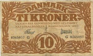 10 kr 1921 G, V. Lange  Clemmentsen, Sieg 103, DOP 114, Pick 21