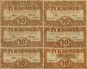 10 kr 1915 C tape, 1919 E, 1921 G, 1925 J, 1925 K, 1925 L, Sieg 103, DOP 114, Pick 21, i alt 6 stk.