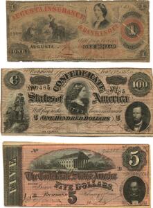USA, lille samling af Confederate States sedler, i alt 6 stk. i hovedsagelig kval. 1