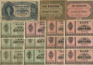Norge, pengesedler, bl.a. 1 kr 1917, NP 1, Pick 13, 5 kr 1941, NP 12C, Pick 7 samt diverse 1, 2, 10, 50 og 100 kr, i alt 35 stk.