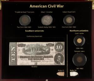USA, American Civil War, samling inkl. 12 dollar 1858 O, 2 cents 1864, 1 dollar 1856 Au, Confederate States, 10 dollars 1864 etc. Mønthuset Danmark