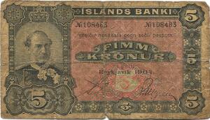 Island, Islands Banki 1. udg., 5 kroner 1904, No 108483, Sieg 15, Pick 10, en del små rifter og perf.